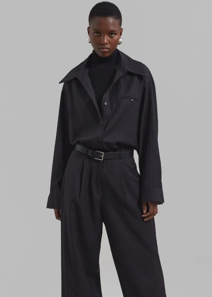 Women The Frankie Shop Tops Kerry Button Up Shirt Black Pinstripe