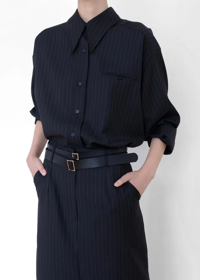 Women The Frankie Shop Tops Kerry Button Up Shirt Black Pinstripe