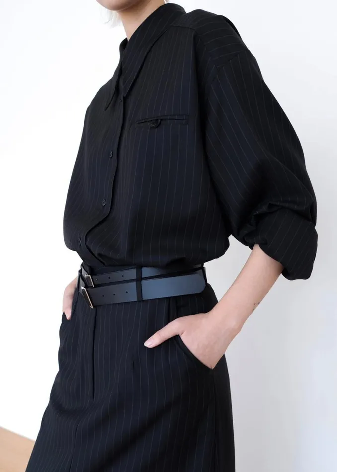 Women The Frankie Shop Tops Kerry Button Up Shirt Black Pinstripe