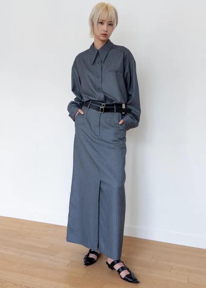 Women The Frankie Shop Tops Kerry Button Up Shirt Grey Pinstripe