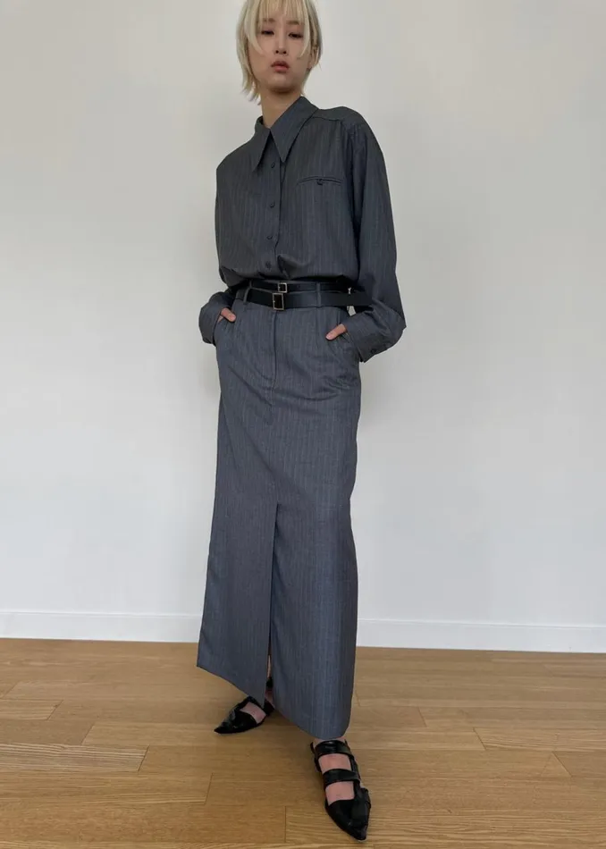 Women The Frankie Shop Tops Kerry Button Up Shirt Grey Pinstripe
