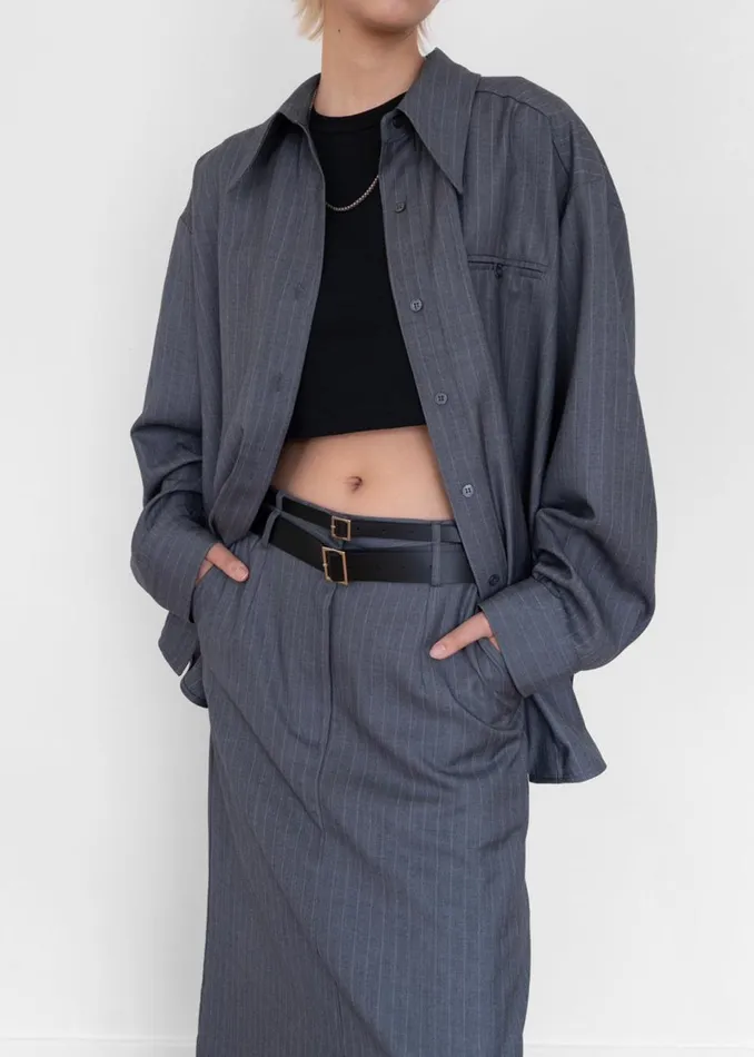 Women The Frankie Shop Tops Kerry Button Up Shirt Grey Pinstripe