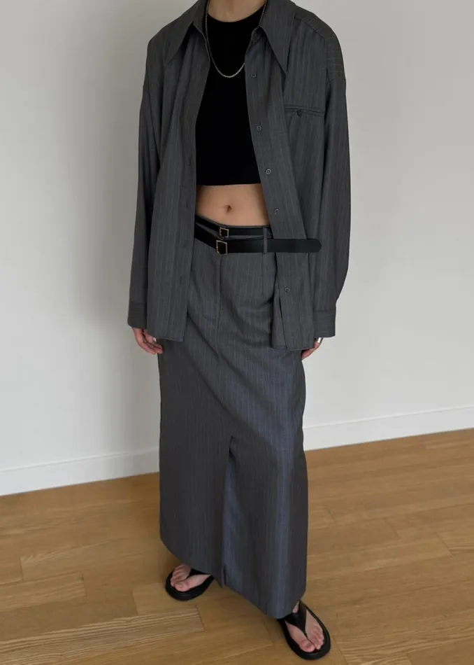 Women The Frankie Shop Tops Kerry Button Up Shirt Grey Pinstripe