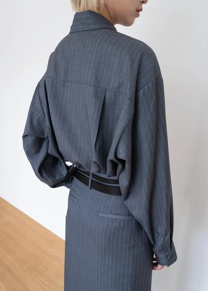 Women The Frankie Shop Tops Kerry Button Up Shirt Grey Pinstripe