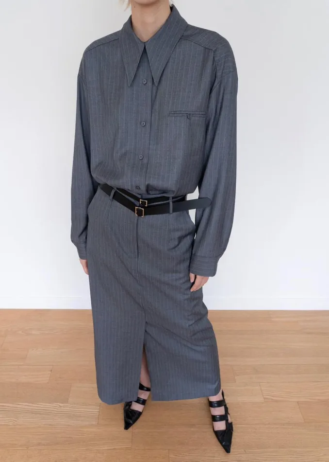Women The Frankie Shop Tops Kerry Button Up Shirt Grey Pinstripe