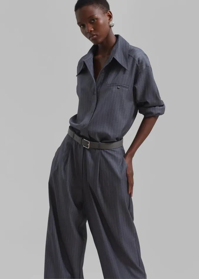 Women The Frankie Shop Tops Kerry Button Up Shirt Grey Pinstripe