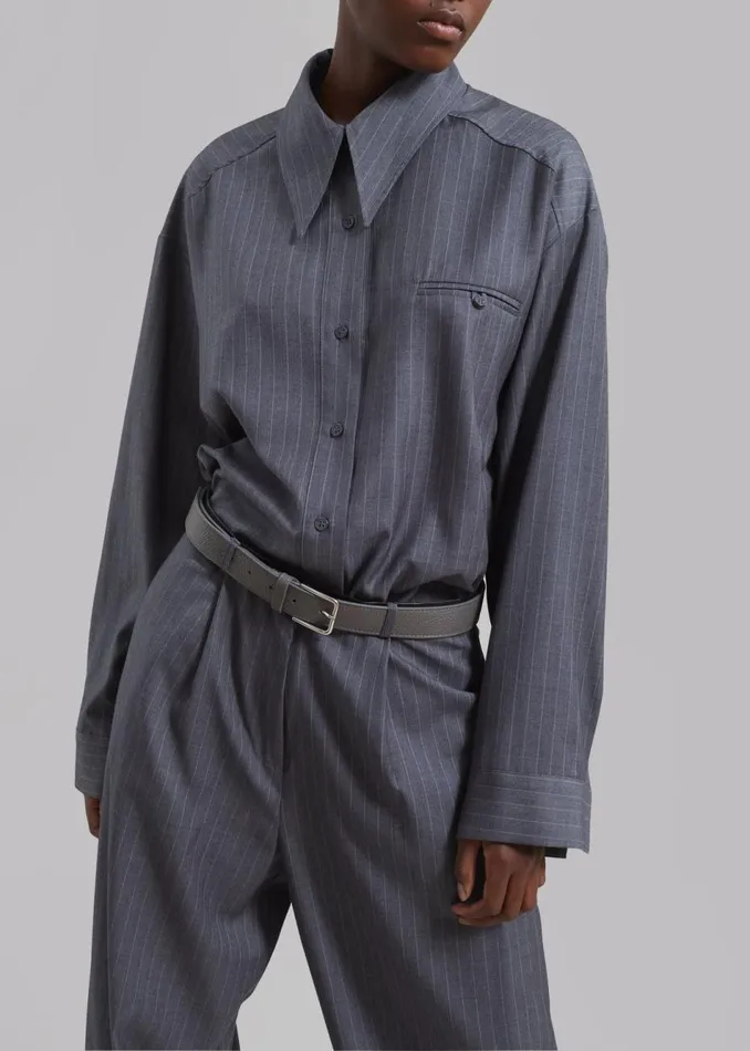 Women The Frankie Shop Tops Kerry Button Up Shirt Grey Pinstripe