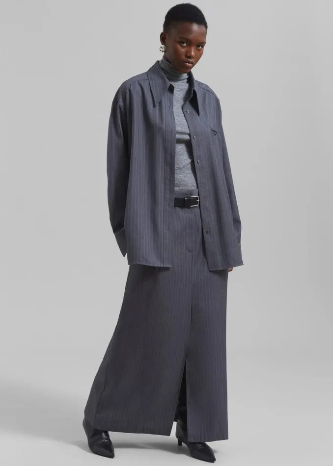 Women The Frankie Shop Tops Kerry Button Up Shirt Grey Pinstripe