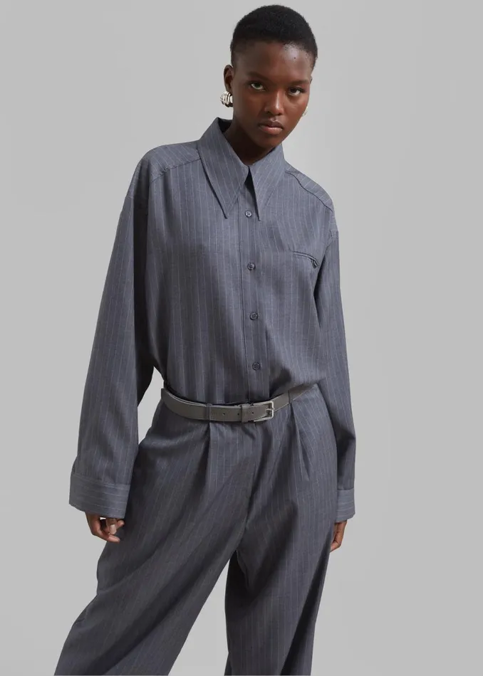 Women The Frankie Shop Tops Kerry Button Up Shirt Grey Pinstripe