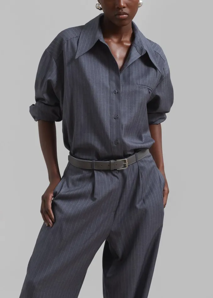 Women The Frankie Shop Tops Kerry Button Up Shirt Grey Pinstripe