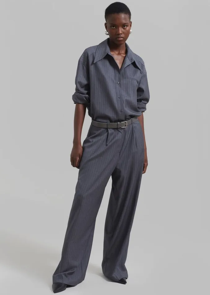Women The Frankie Shop Tops Kerry Button Up Shirt Grey Pinstripe