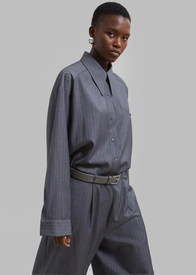 Women The Frankie Shop Tops Kerry Button Up Shirt Grey Pinstripe