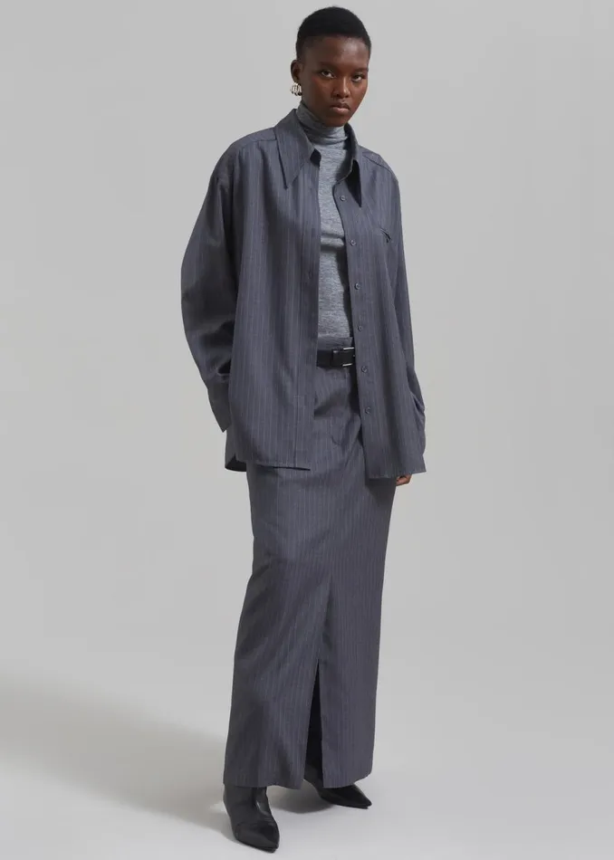 Women The Frankie Shop Tops Kerry Button Up Shirt Grey Pinstripe