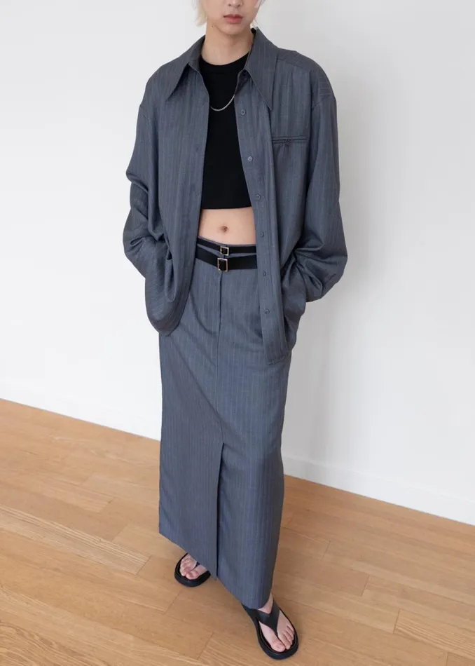 Women The Frankie Shop Tops Kerry Button Up Shirt Grey Pinstripe