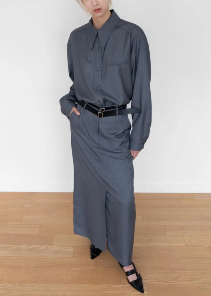 Women The Frankie Shop Tops Kerry Button Up Shirt Grey Pinstripe