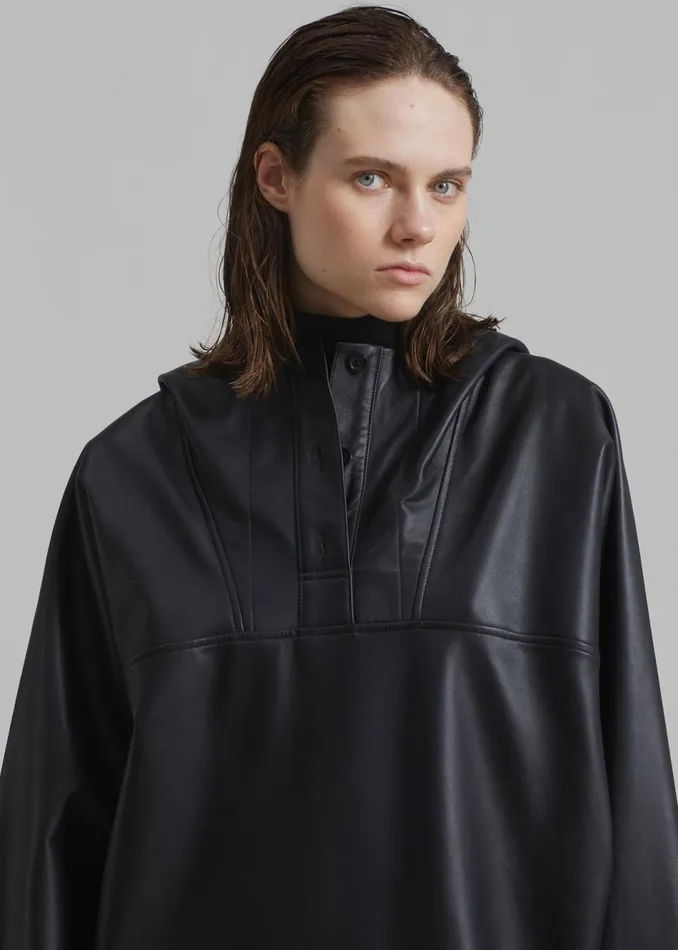Women The Frankie Shop Tops Kevin Leather Hooded Overshirt Black