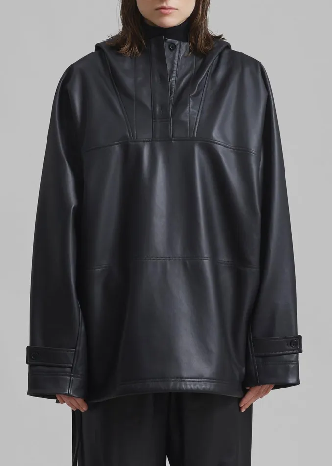 Women The Frankie Shop Tops Kevin Leather Hooded Overshirt Black
