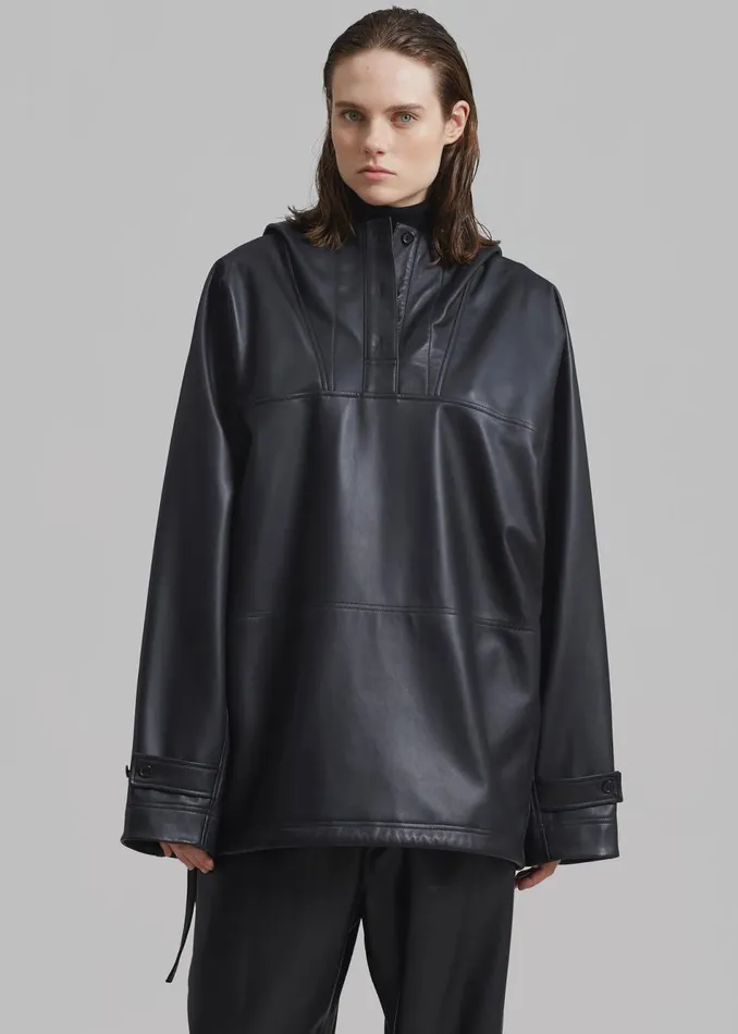 Women The Frankie Shop Tops Kevin Leather Hooded Overshirt Black