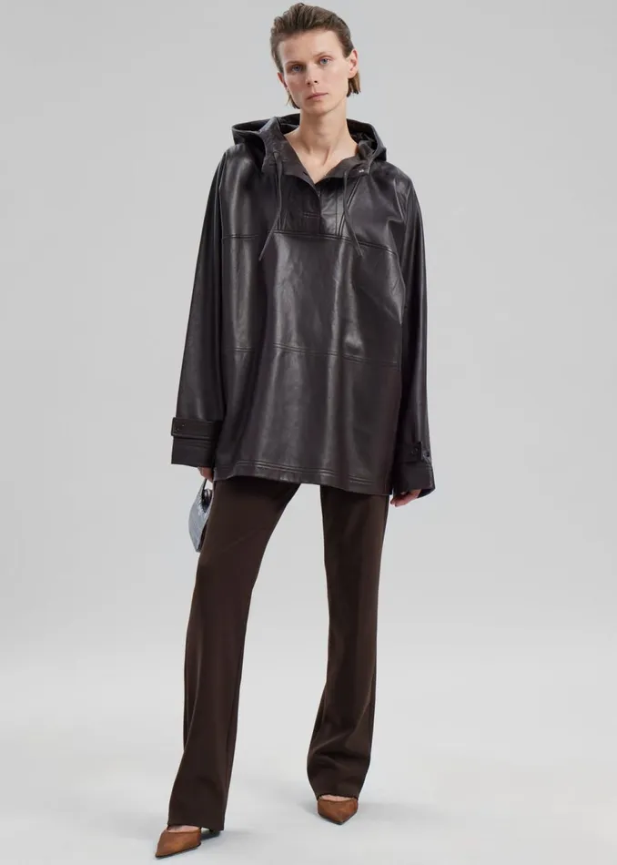 Women The Frankie Shop Tops Kevin Leather Hooded Overshirt Brown