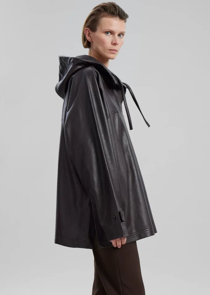 Women The Frankie Shop Tops Kevin Leather Hooded Overshirt Brown