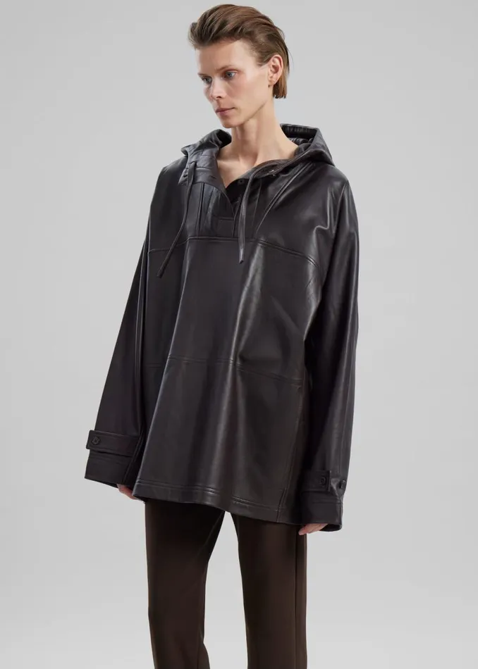 Women The Frankie Shop Tops Kevin Leather Hooded Overshirt Brown