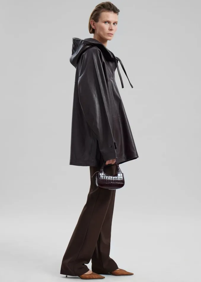 Women The Frankie Shop Tops Kevin Leather Hooded Overshirt Brown