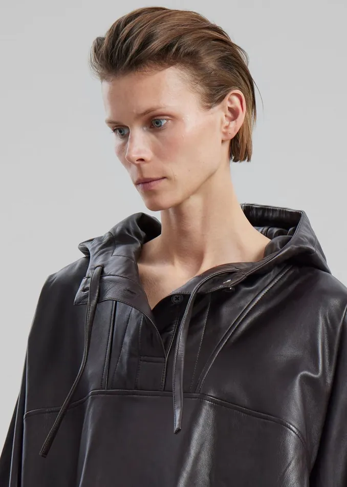 Women The Frankie Shop Tops Kevin Leather Hooded Overshirt Brown