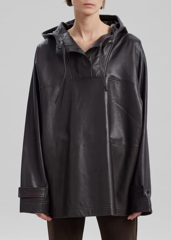Women The Frankie Shop Tops Kevin Leather Hooded Overshirt Brown