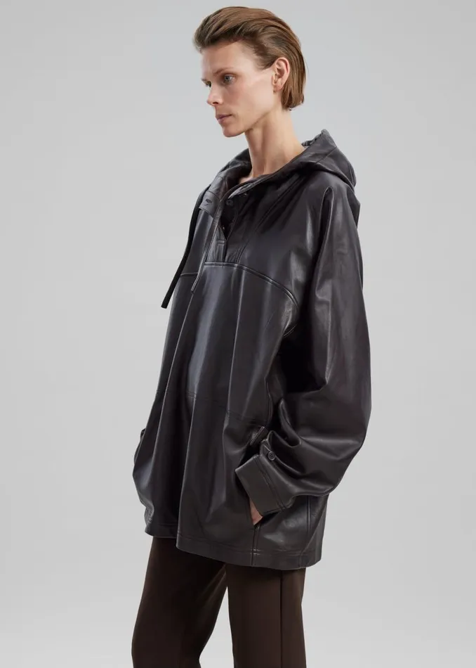 Women The Frankie Shop Tops Kevin Leather Hooded Overshirt Brown