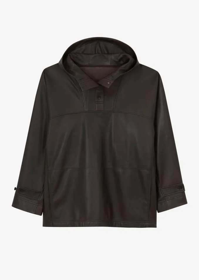 Women The Frankie Shop Tops Kevin Leather Hooded Overshirt Brown