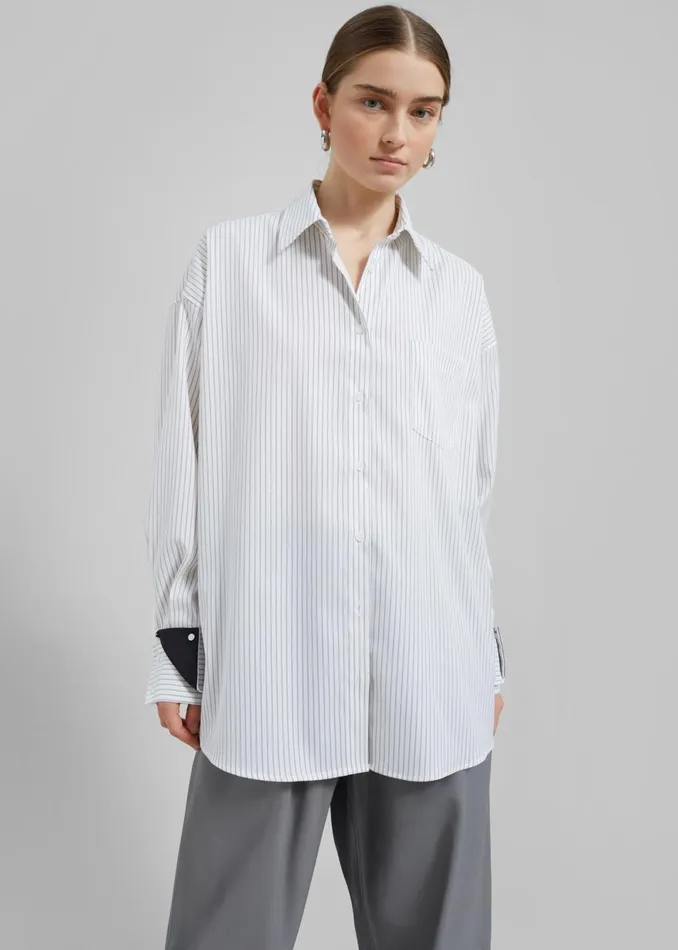 Women The Frankie Shop Tops Leona Button Up Shirt Whitegrey Stripe