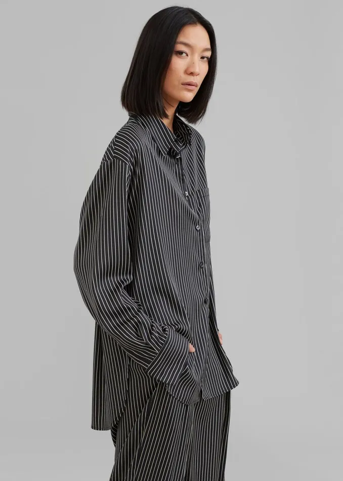 Women The Frankie Shop Tops Lui Satin Shirt Black Pinstripe