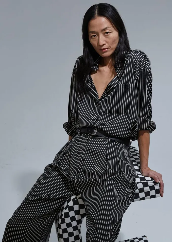 Women The Frankie Shop Tops Lui Satin Shirt Black Pinstripe