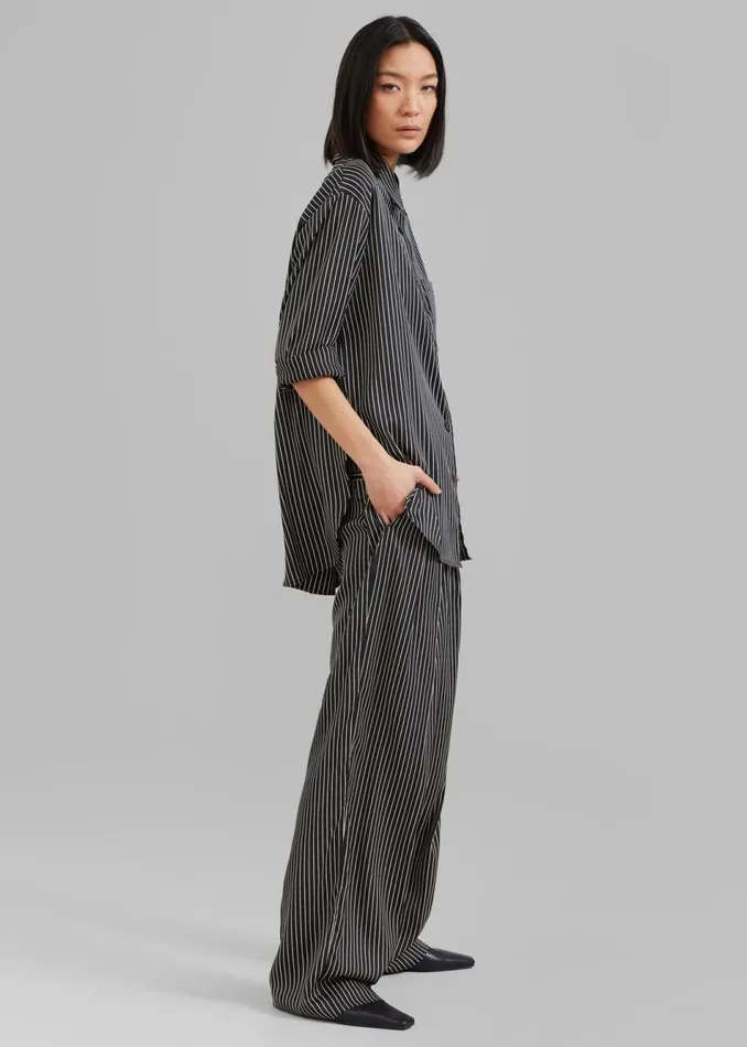 Women The Frankie Shop Tops Lui Satin Shirt Black Pinstripe