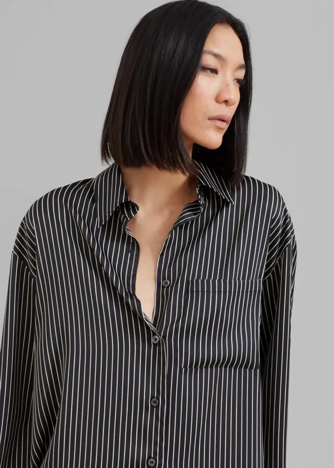 Women The Frankie Shop Tops Lui Satin Shirt Black Pinstripe