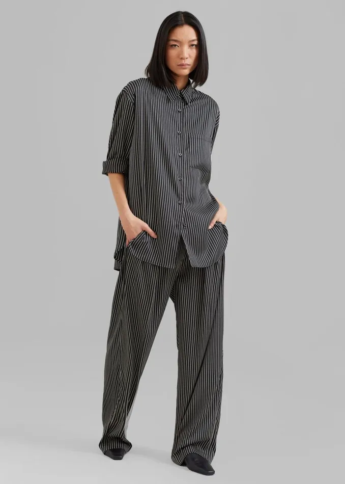 Women The Frankie Shop Tops Lui Satin Shirt Black Pinstripe