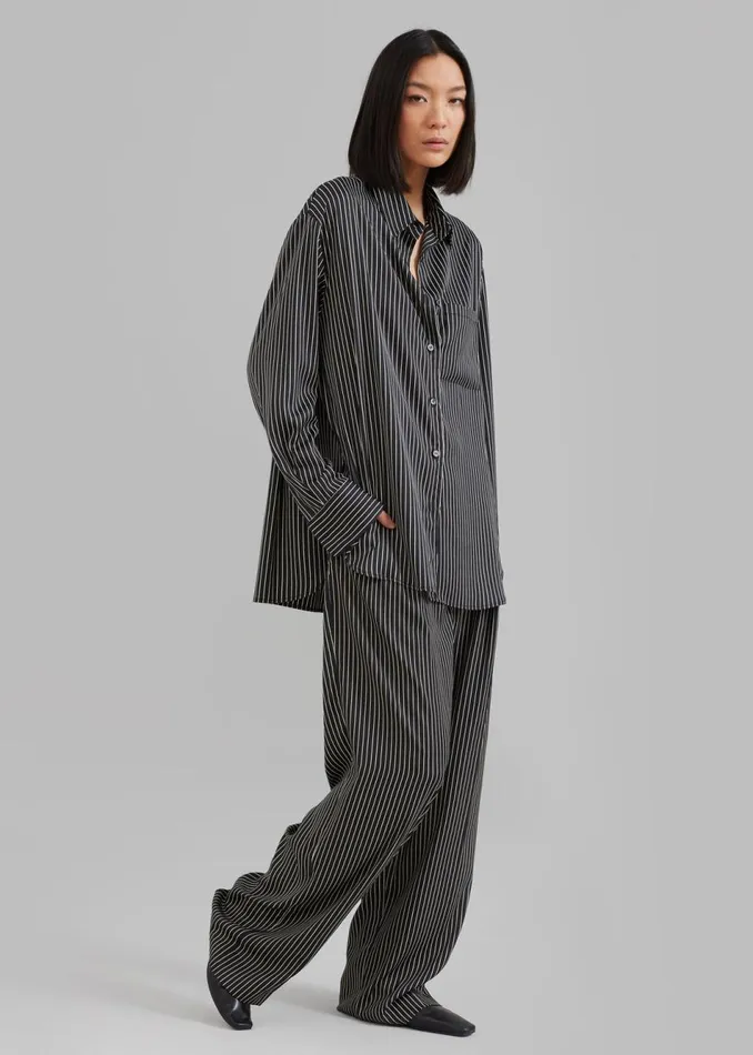 Women The Frankie Shop Tops Lui Satin Shirt Black Pinstripe