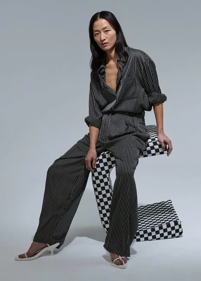 Women The Frankie Shop Tops Lui Satin Shirt Black Pinstripe