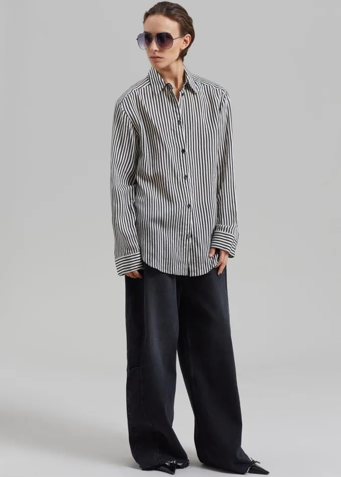 Women The Frankie Shop Tops Matteau Classic Contrast Stripe Shirt Ink Stripe