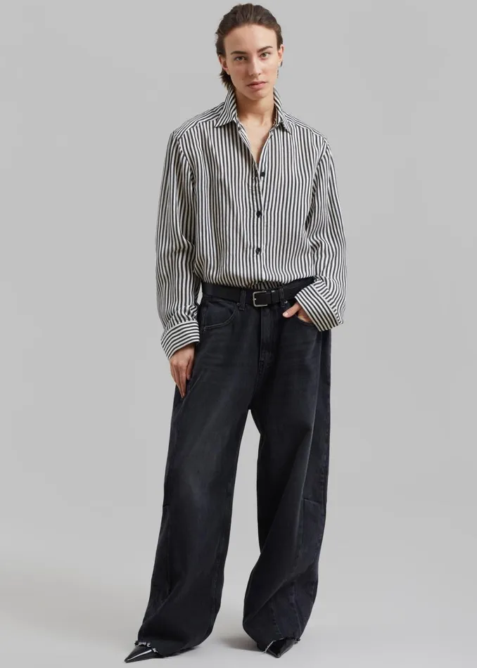 Women The Frankie Shop Tops Matteau Classic Contrast Stripe Shirt Ink Stripe