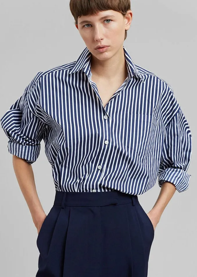Women The Frankie Shop Tops Melody Cotton Shirt Navy Stripe
