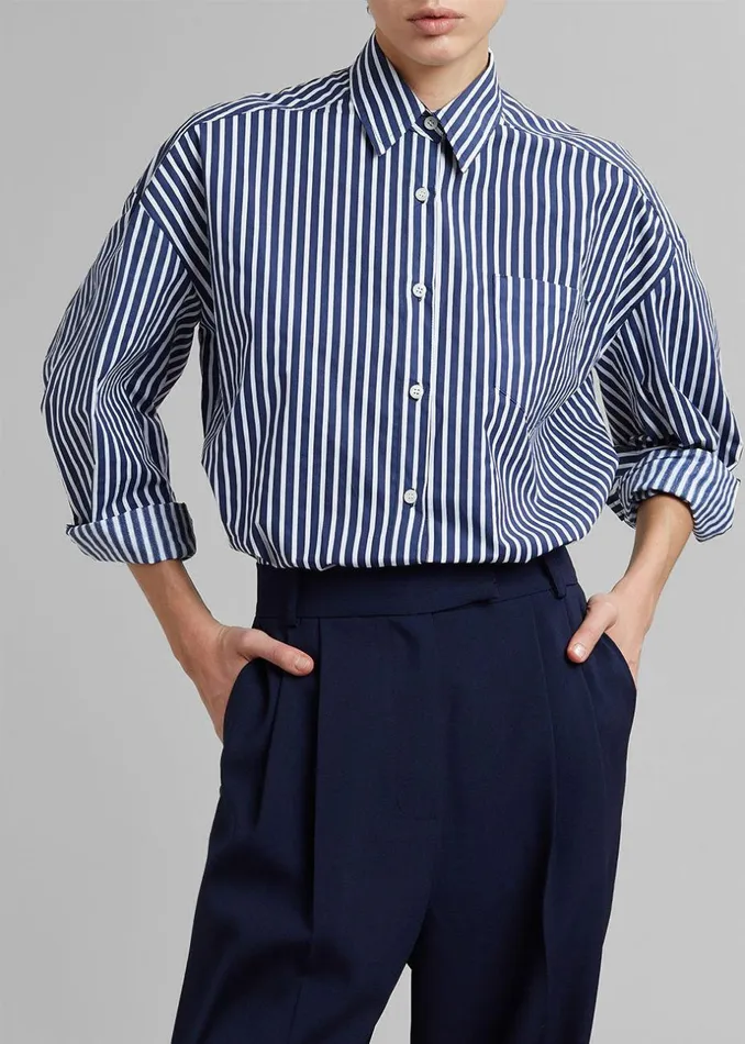 Women The Frankie Shop Tops Melody Cotton Shirt Navy Stripe