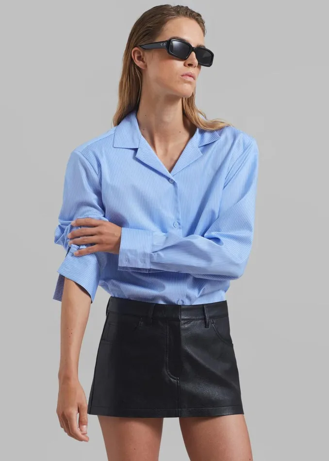 Women The Frankie Shop Tops Noah Padded Button Up Shirt Blue Pinstripe