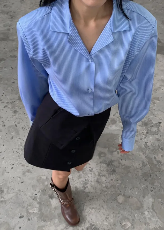 Women The Frankie Shop Tops Noah Padded Button Up Shirt Blue Pinstripe