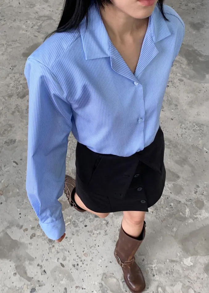 Women The Frankie Shop Tops Noah Padded Button Up Shirt Blue Pinstripe