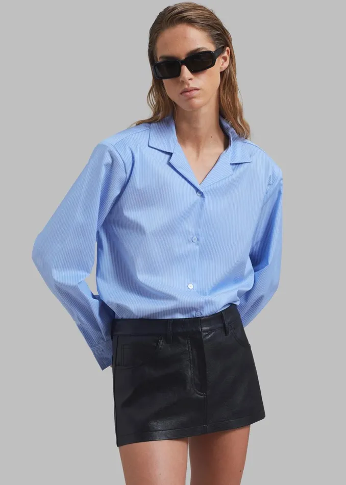 Women The Frankie Shop Tops Noah Padded Button Up Shirt Blue Pinstripe