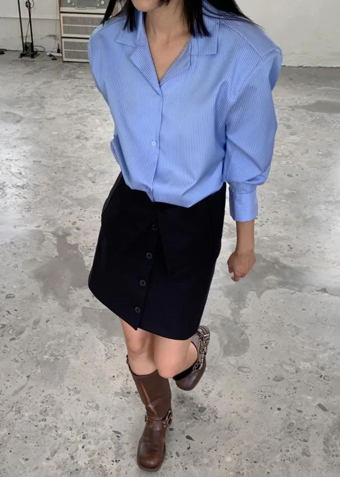 Women The Frankie Shop Tops Noah Padded Button Up Shirt Blue Pinstripe
