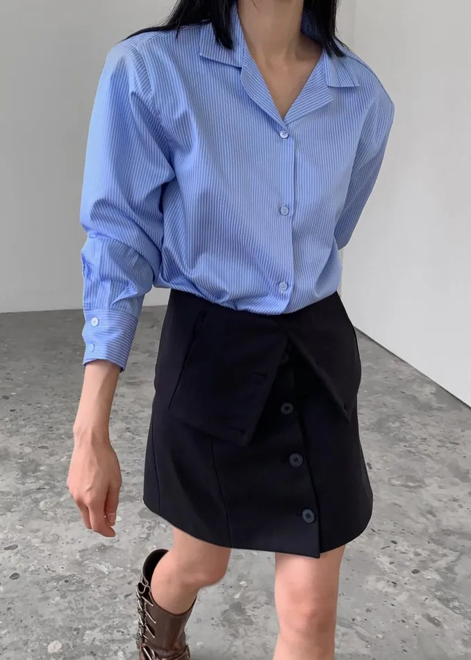 Women The Frankie Shop Tops Noah Padded Button Up Shirt Blue Pinstripe