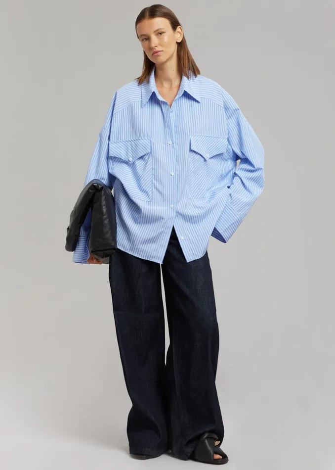 Women The Frankie Shop Tops Orson Pocket Shirt Blue Stripe