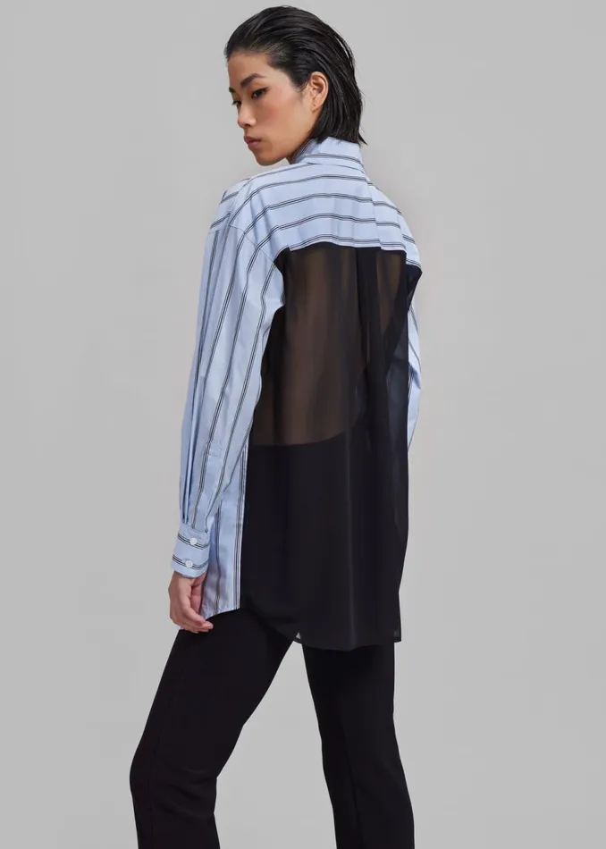 Women The Frankie Shop Tops Puppets And Puppets Cronenberg Oversized Striped Button Down Shirt Blue Stripe Women The Frankie Shop Tops Puppets And Puppets Cronenberg Oversized Striped Button Down Shirt Blue Stripe